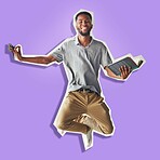 Student, paper cutout and study in scrapbook purple background in graphic design, digital art or nft. Black man, learning and education with book in creative picture, advertising or digital marketing