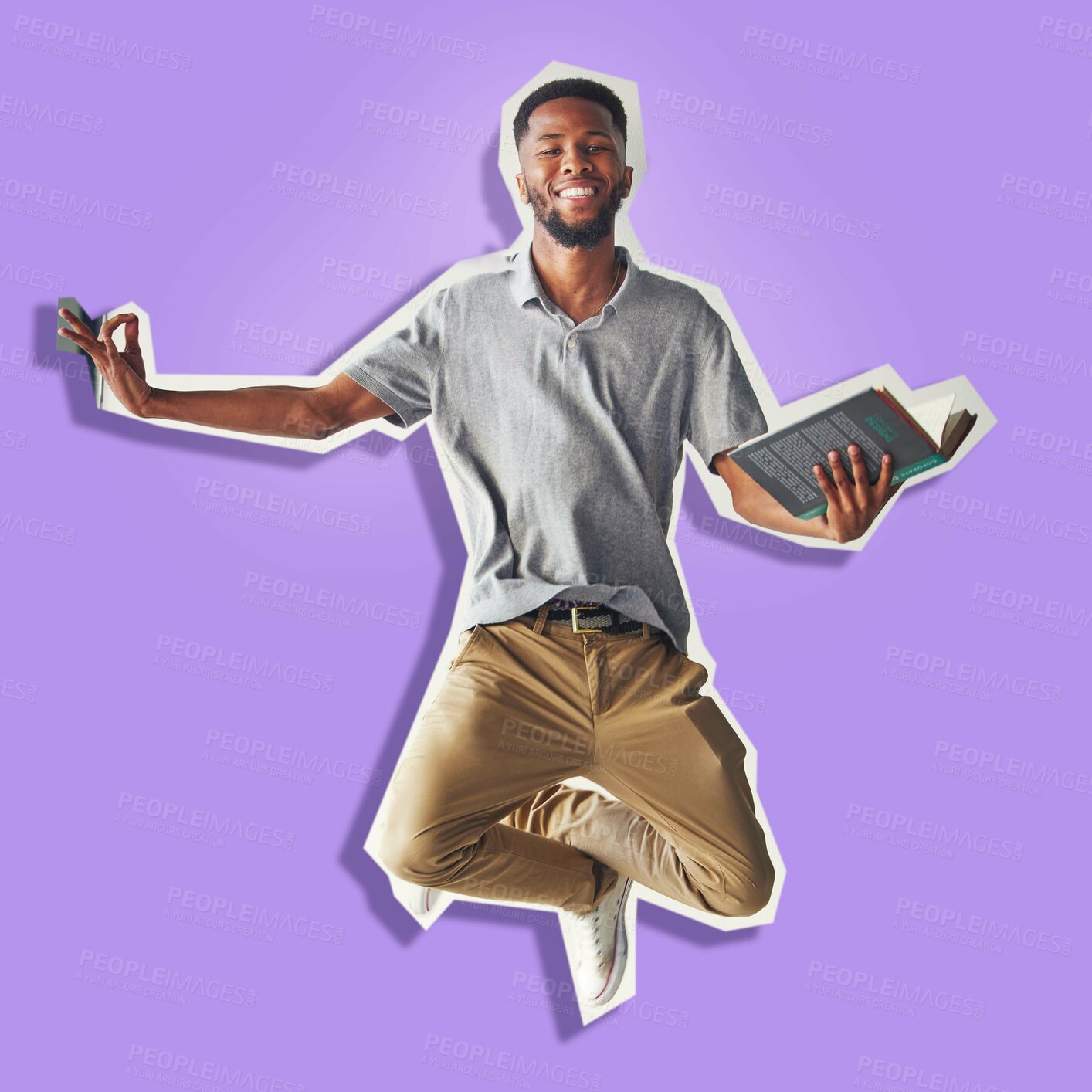 Buy stock photo Student, paper cutout and study in scrapbook purple background in graphic design, digital art or nft. Black man, learning and education with book in creative picture, advertising or digital marketing