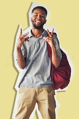 Buy stock photo University, education and portrait of student with peace sign and backpack ready for learning or studying. Scholarship, hand gesture and male college student from Nigeria on yellow cutout background.