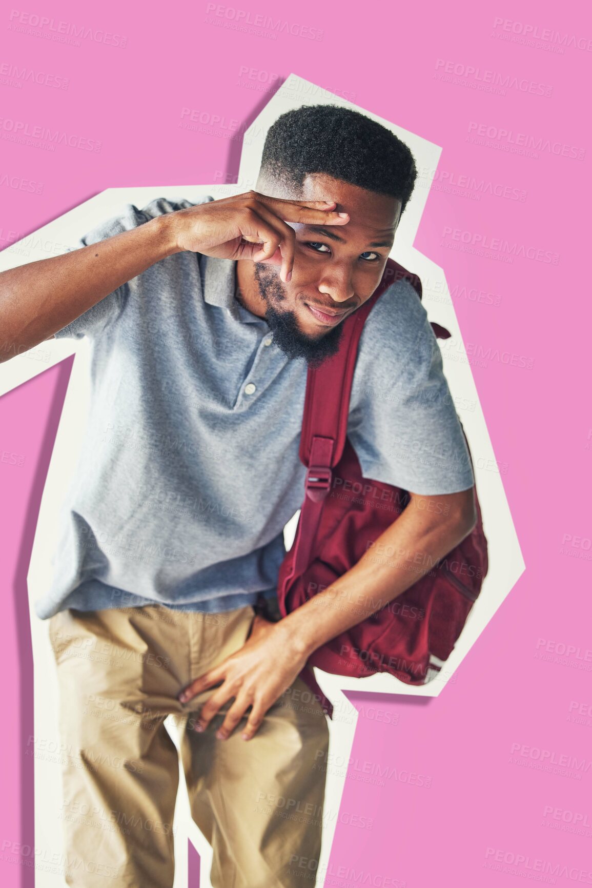 Buy stock photo African american, man and student with peace sign and gesture for education and knowledge on a cut out pink background with mockup. University student, guy and learning or study with hand sign