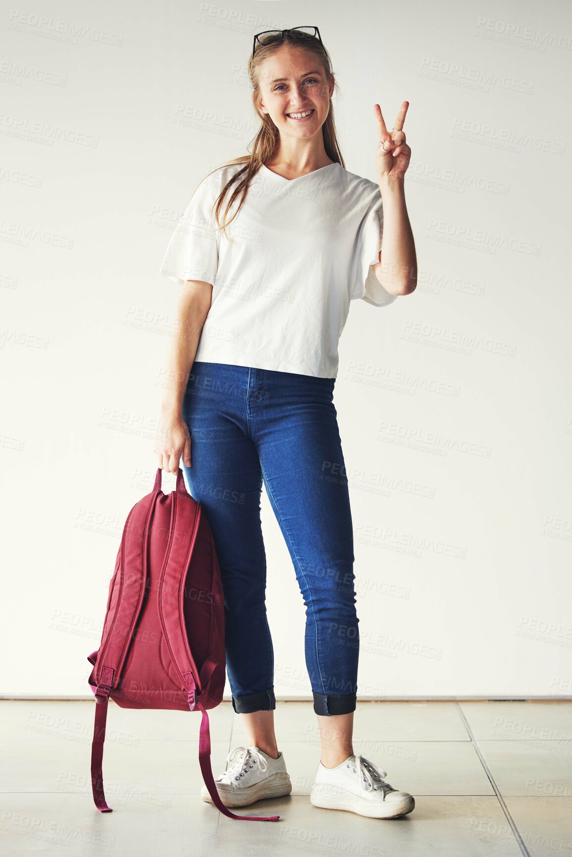 Buy stock photo Woman, student and backpack with peace sign in portrait before college, school or university in house. Girl, learning or happy in home with bag ready for education, travel and hand gesture with smile