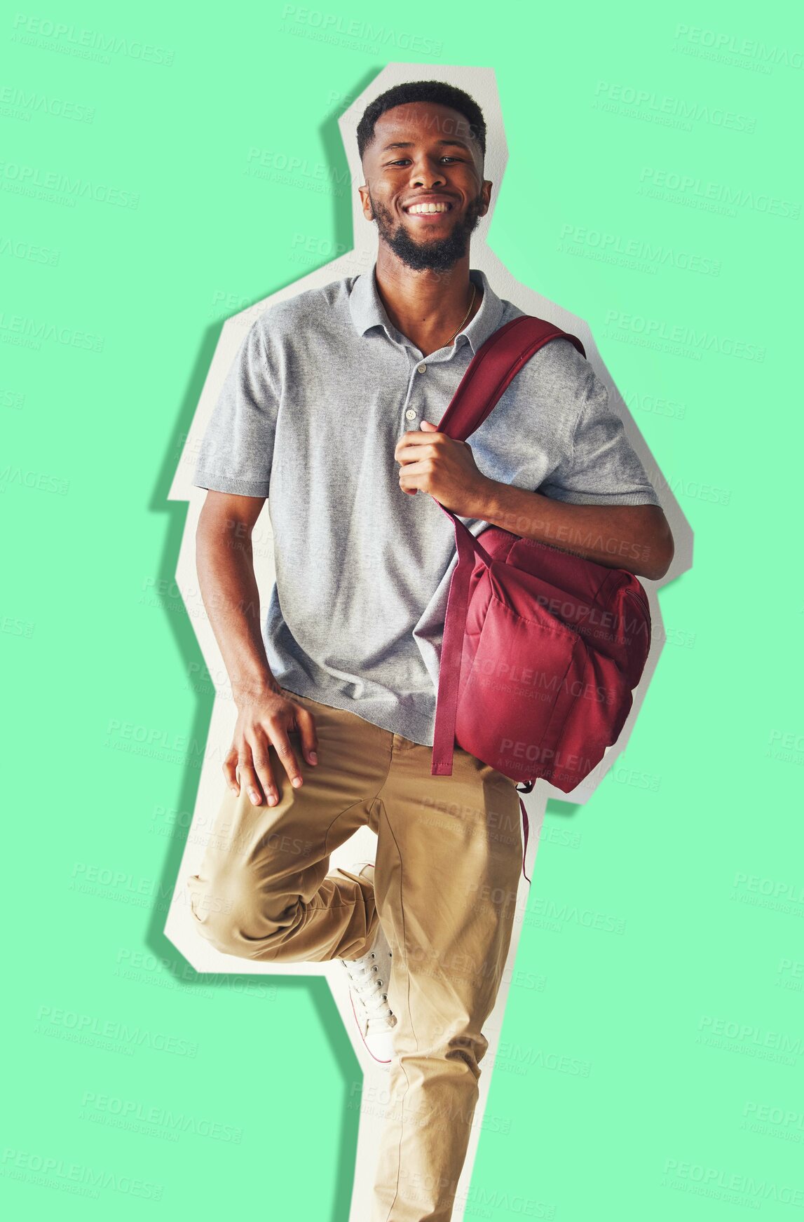 Buy stock photo University, education and portrait of student and man with backpack ready for learning and studying. Scholarship, smile and excited male college student from Nigeria on a green cut out background.
