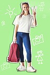 Graphic, peace sign and student with a backpack for education, studying and learning on a wallpaper for college. Background, happy and portrait of a girl with hand for happiness and university