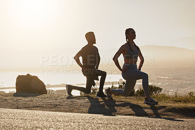Buy stock photo Fitness, beach and couple doing a lunge exercise for health, wellness and training in nature. Motivation, sports and healthy man and woman athletes doing an outdoor workout by the ocean at sunset.