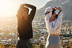 Couple, back and stretching for training, in city and exercise for wellness, to relax and workout with view. Health, black people and outdoor for practice, fitness and together for bonding or healthy