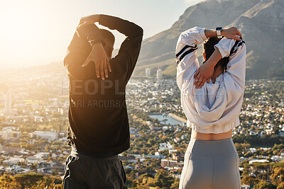 Buy stock photo Couple, back and stretching for training, in city and exercise for wellness, to relax and workout with view. Health, black people and outdoor for healthy practice, fitness and together for bonding 