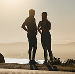 Fitness, couple and checking time for running, exercise workout or sports training on a mountain in the outdoors. Man and woman silhouette in wellness for healthy run and monitoring performance