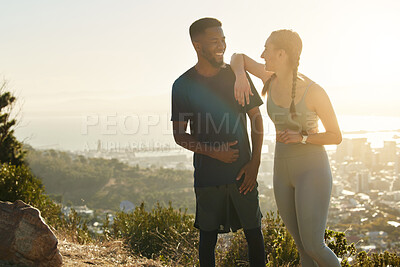 Buy stock photo Fitness, nature sunset and diversity friends relax on cardio workout, hiking exercise or couple training. Freedom peace, sky flare and black man and woman running in Los Angeles Hollywood mountains