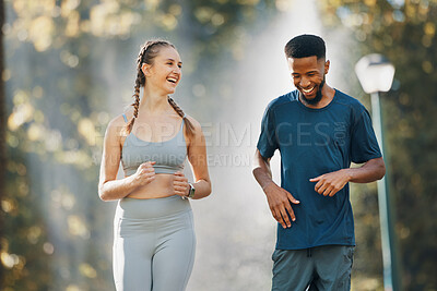Buy stock photo Couple, running and fitness communication in nature park for exercise wellness or interracial training workout. Health conversation, runner motivation and diverse friends, talking on cardio run 
