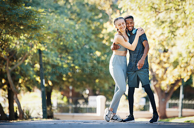 Buy stock photo Workout, couple and hug in park portrait for exercise, fitness and walk break with smile for affection. Interracial, love and wellness of happy people dating on cardio rest together in New York.