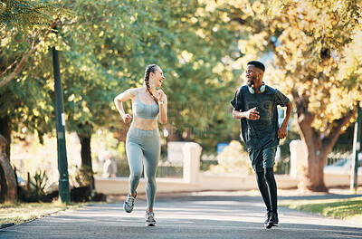 Buy stock photo Fitness park, diversity and running couple workout for cardio health, sports exercise or body wellness in nature. Freedom peace, athlete runner and happy friends, team or black man and woman training