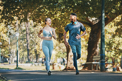 Buy stock photo Running, exercise and fitness with a diversity couple in the park for a cardio workout together. Training, motivation and run with a man and woman athlete bonding while exercising outside in the day