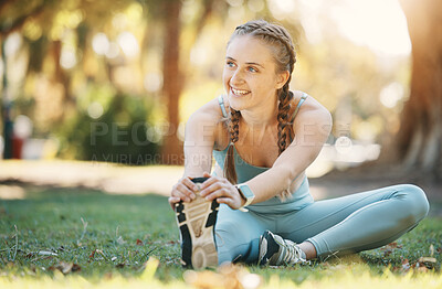Buy stock photo Fitness, woman and stretching by woman in a park for yoga, wellness and exercise, zen and happy in nature. Exercise, girl and leg stretch before mediation in a forest for cardio, workout and pilates
