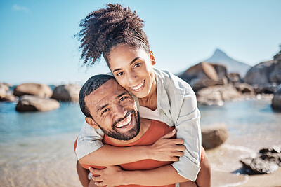 Buy stock photo Couple, piggyback or bonding on beach by ocean, sea or rock pool water in Brazilian summer holiday. Portrait, smile or happy man carrying woman in fun activity, love or support trust in nature travel