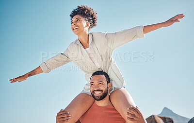 Buy stock photo Love, happy and piggyback with couple and blue sky in nature for freedom, support and summer. Smile, vision and airplane with woman on man shoulders for vacation, bonding and affection together