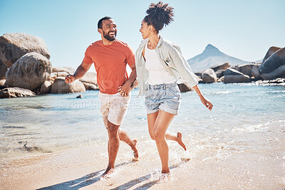 Buy stock photo Black couple, beach and running while happy on vacation in summer with energy, love and happiness while outdoor. Man and woman together by the sea for honeymoon, holiday and quality time in nature