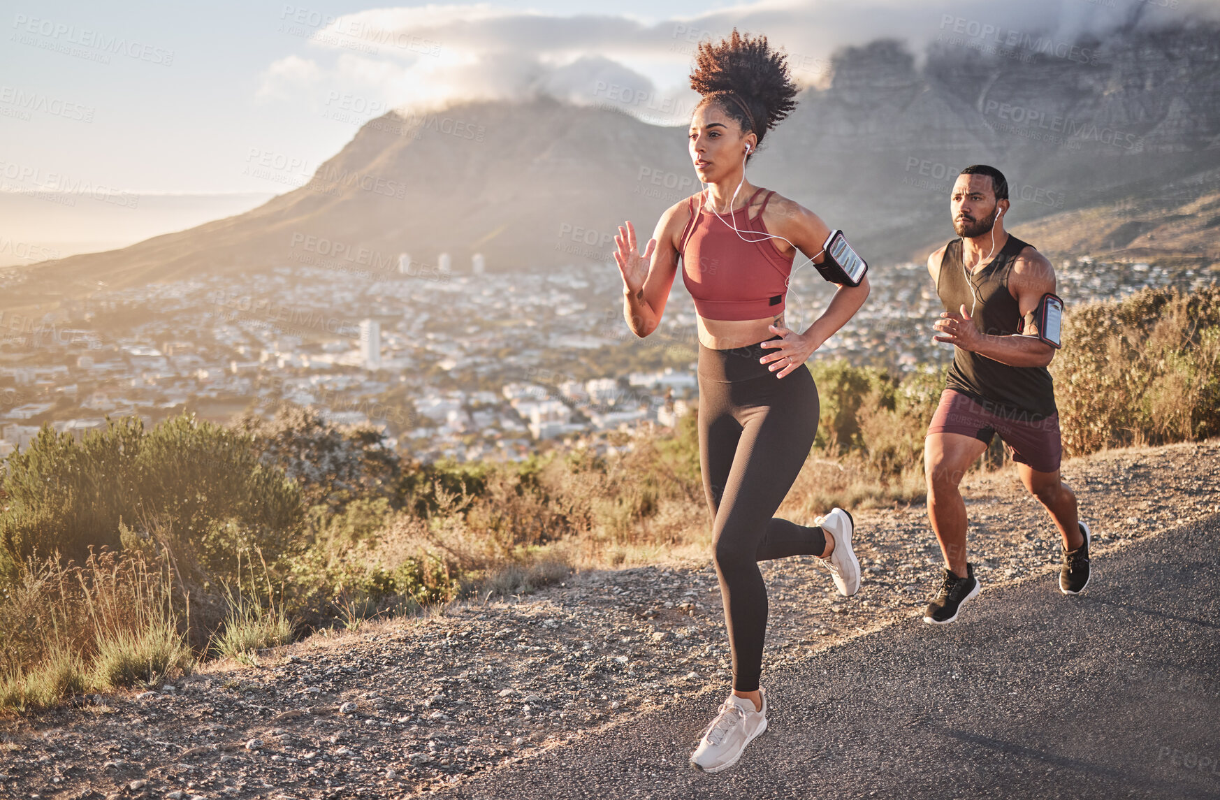 Buy stock photo Fitness, exercise and running couple on mountain for cardio workout, training and energy, healthy lifestyle and strong body wellness. Sports, nature and runner man, woman and athletes action on hill 