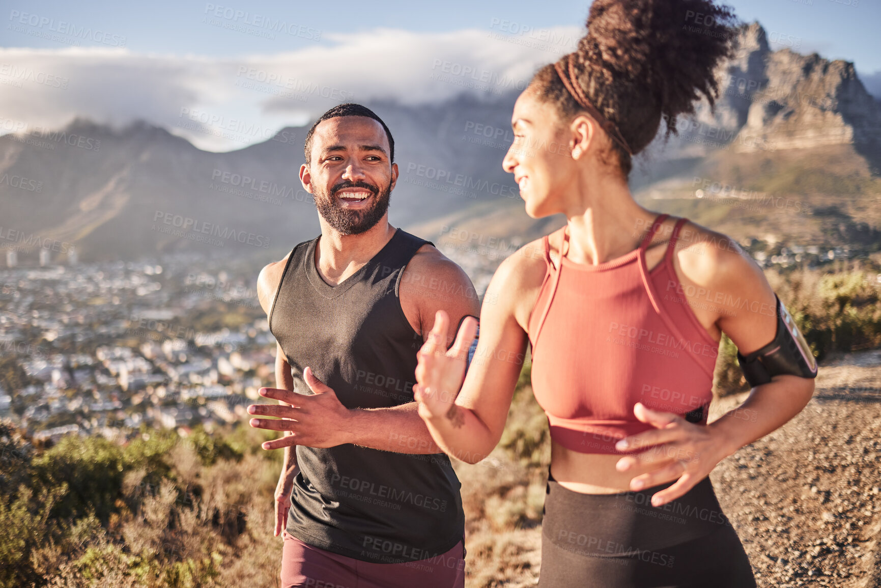 Buy stock photo Training, exercise and black couple running in nature for fitness, heart health and wellness. Sports, cardio and happy man and woman jog or runner workout outdoors preparing for marathon together.