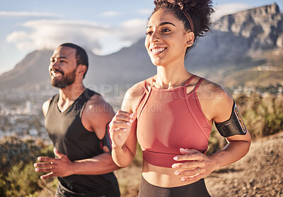 Fitness, couple or friends running on road or street for training, exercise or wellness workout on mountain trail. Health, sport or happy runner man and woman in marathon, nature race or sports event