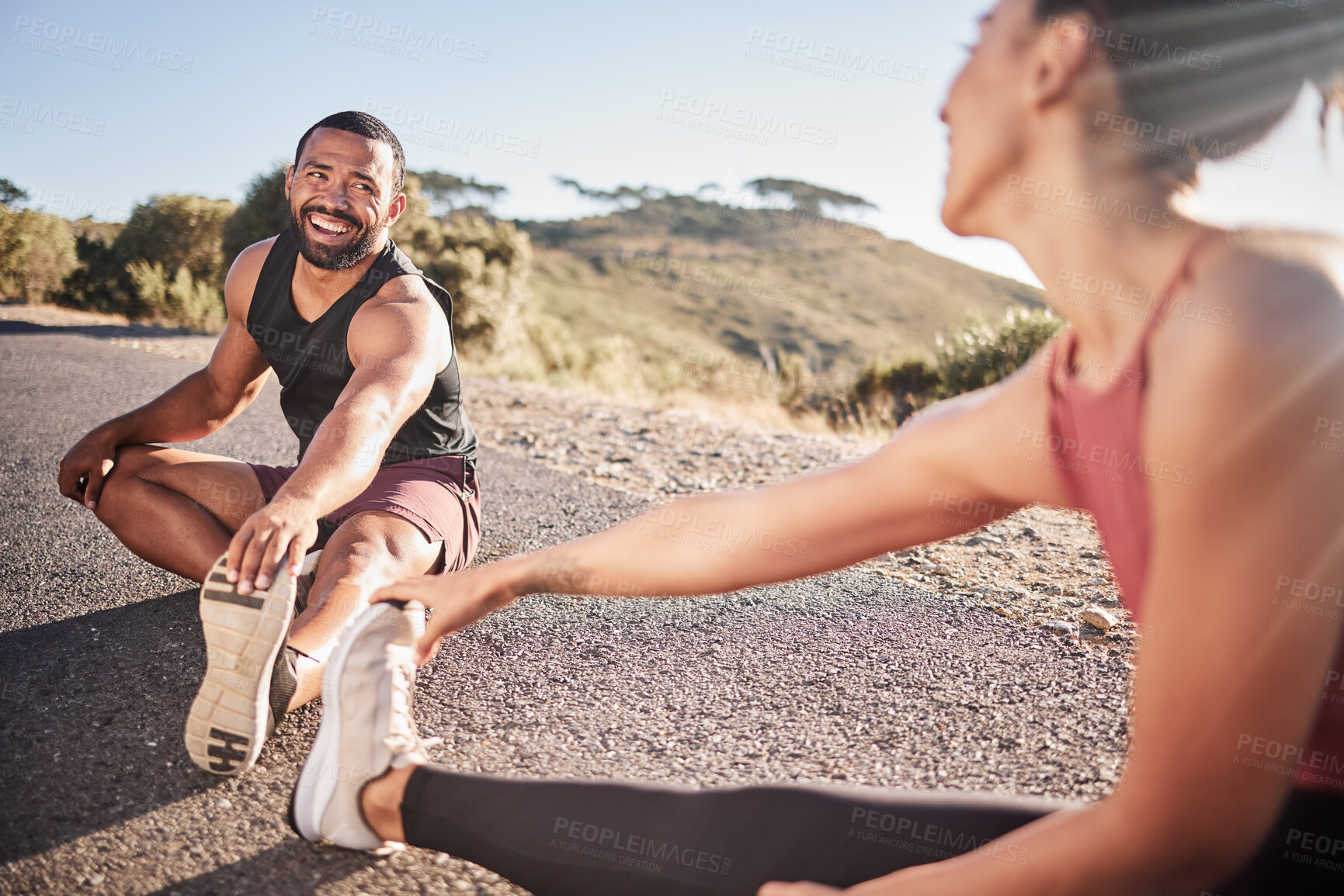 Buy stock photo Fitness, stretching and running with couple in road for health, sports and training together. Workout, personal trainer and exercise warm up with man and woman runner for summer, cardio and endurance