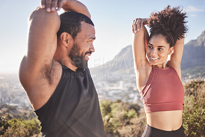 Buy stock photo Fitness, exercise and stretching with a black couple outdoor, getting ready for a workout in nature together. Training, love and bonding with a sports man and woman doing a warm up in the mountains