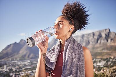 Buy stock photo Fitness, wellness and black woman drinking water in nature after workout, exercise and run. Health, hydration and girl drink mineral liquid from bottle after marathon training, exercising and running