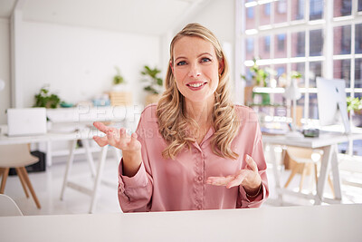 Buy stock photo Portrait, hands and business woman with idea in office, explain and discuss vision, goal and mission for startup. Face, hand sign and worker express innovation, strategy and pov planning for company