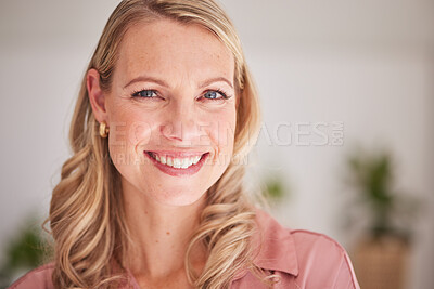 Buy stock photo Business woman, face and portrait smile for vision, ambition or career success with a blurred background. Happy blond female leader smiling with teeth in satisfaction for successful company startup