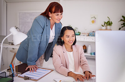 Buy stock photo Business women, coach or manager at computer for ideas, training and advice for online marketing project at office desk. Happy female entrepreneur and mentor busy with data analytics together