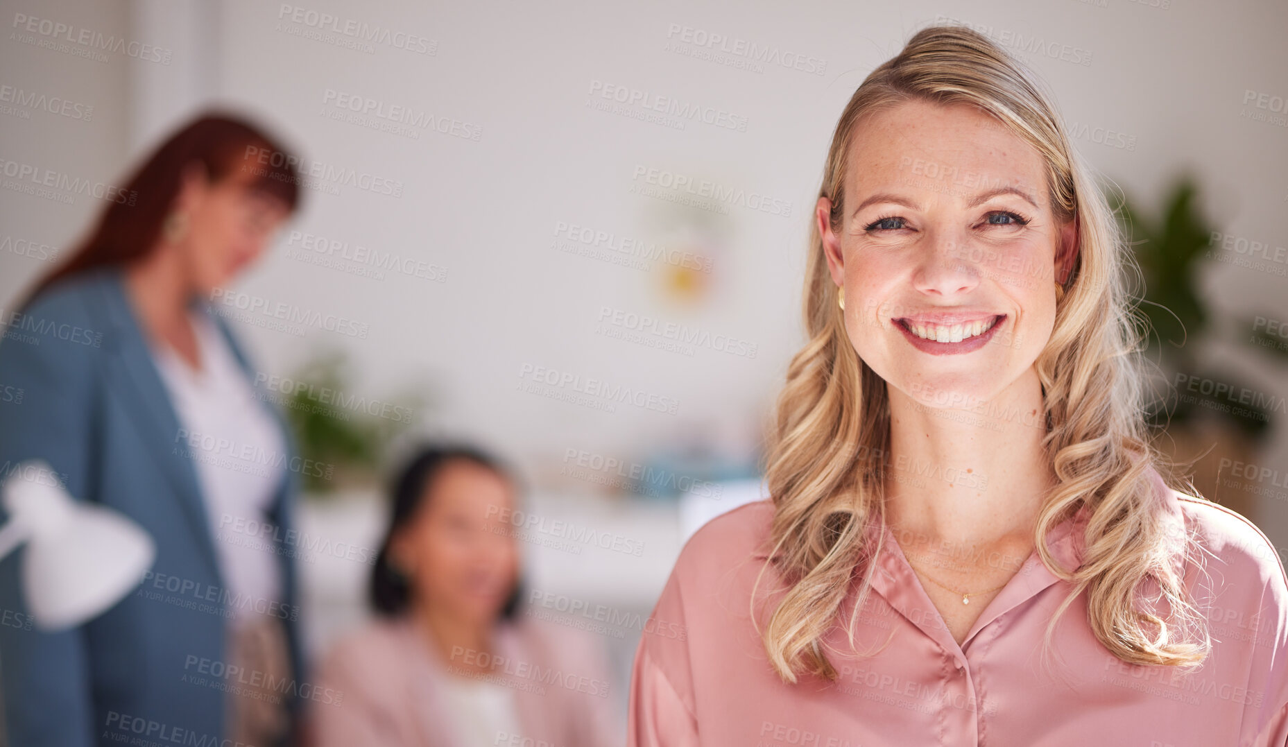 Buy stock photo Leadership, portrait and woman in meeting with team in office, happy and proud in collaboration, planning and strategy. Face, girl and manager leading business meeting for goal, innovation and target