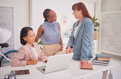 Buy stock photo Women empowerment, diversity and business people team talking about digital marketing campaign for international women's day. Social media advertising agency, relax conversation and girl friends chat