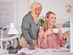 Business women, diversity and planning computer idea, vision and b2b teamwork project in startup office agency. Muslim worker, manager and staff collaboration, meeting and creative company strategy