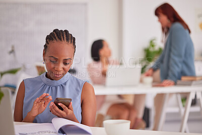 Buy stock photo woman, phone and planning on laptop in office for digital marketing stratergy or finance budget report. Black woman, business communication app and writing email or fintech employee on smartphone 