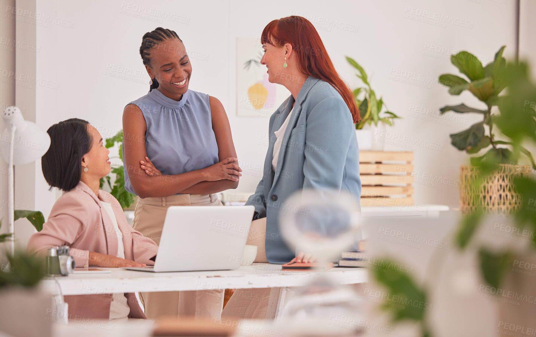 Buy stock photo Planning, laptop and collaboration with women in business meeting for research, teamwork and idea. Management, strategy and communication with employee in office for vision, workshop and networking