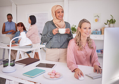 Buy stock photo Collaboration, computer and marketing with a business woman and muslim partner working in an advertising agency together. Diversity, creative and design with a female employee and islamic colleague
