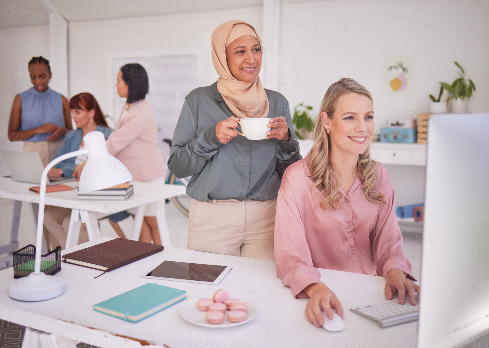 Buy stock photo Collaboration, computer and marketing with a business woman and muslim partner working in an advertising agency together. Diversity, creative and design with a female employee and islamic colleague