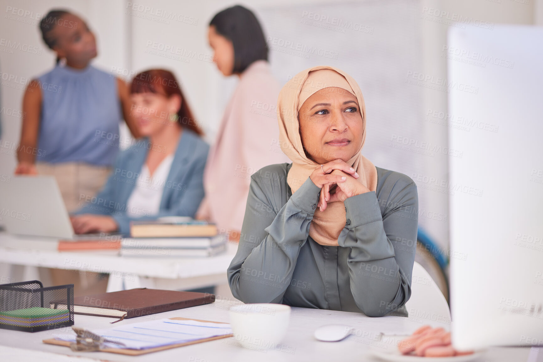 Buy stock photo Thinking, muslim and business woman on computer, planning, question and strategy ideas, mindset and opportunity at office desk. Mature manager, hijab and focus, vision and decision, solution or goals