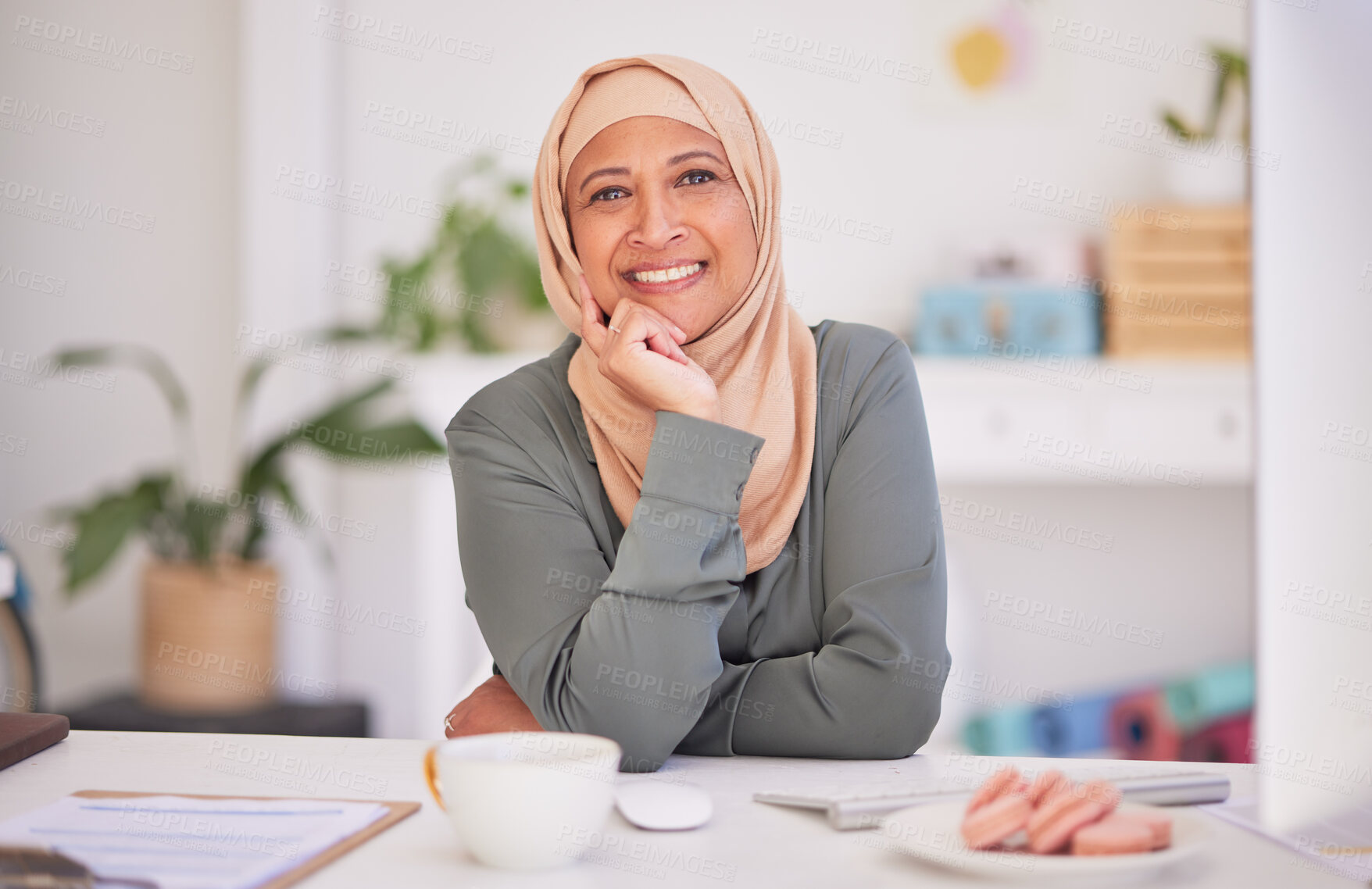 Buy stock photo Hijab, business woman and portrait of a morning coffee of an employee ready for office work. Muslim, islamic and web content marketing worker smile about senior management project and company growth