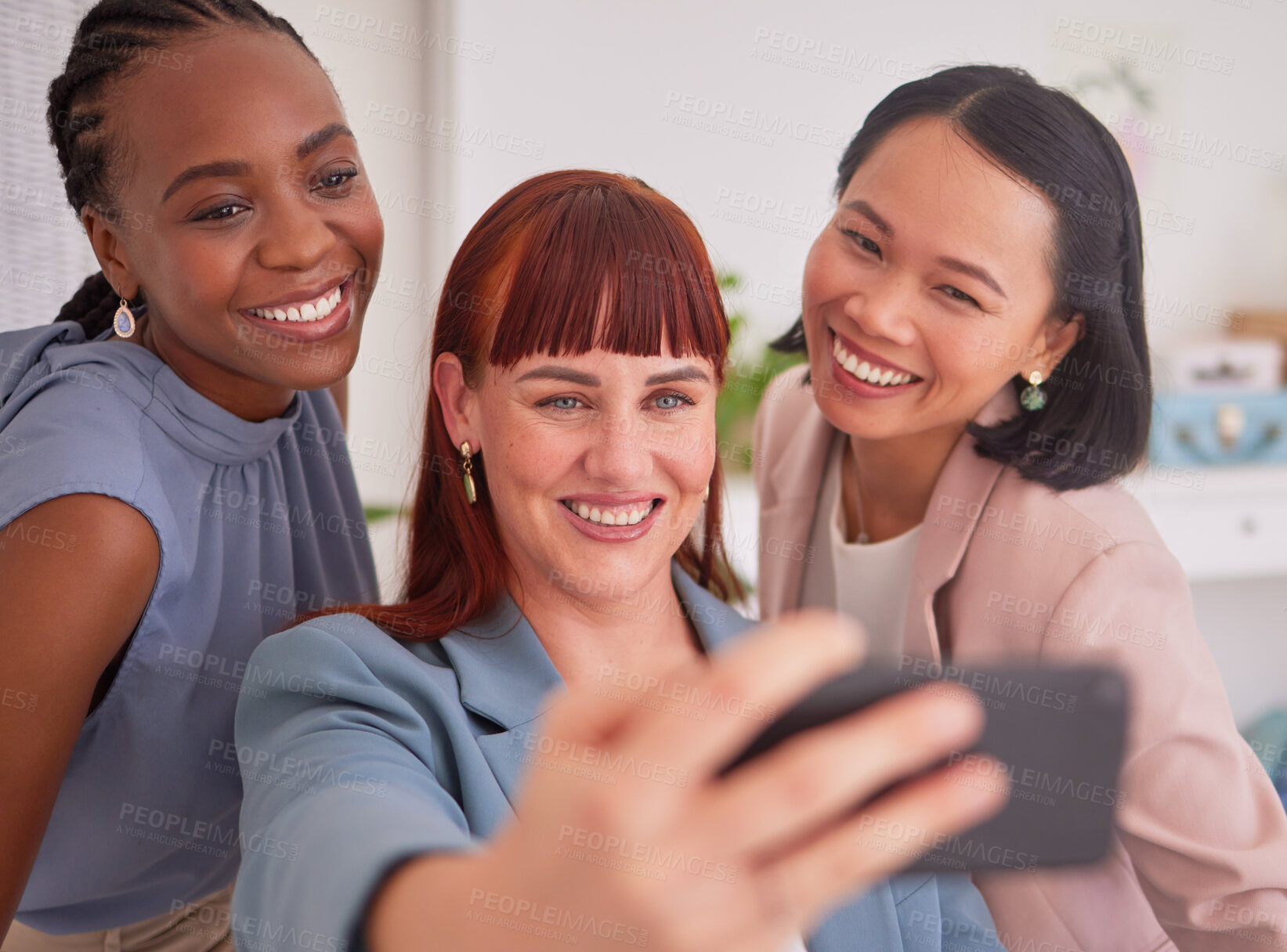 Buy stock photo Phone selfie, office and business people, women or coworkers taking picture for social media. Tech, diversity and group of employees, friends or colleagues on wifi take mobile photo for happy memory.