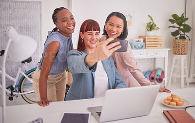 Buy stock photo Teamwork, phone and business woman taking selfie on break, relax and smile in creative workspace. Support, collaboration and happy female workers using smartphone for picture in eco friendly office