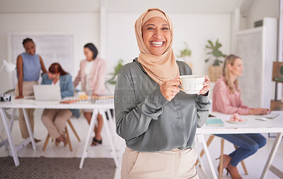 Buy stock photo Happy muslim, coffee or woman for leadership in office for teamwork, planning or collaboration. Lady with tea, portrait or manager for strategy goal, Islamic or company target success with smile