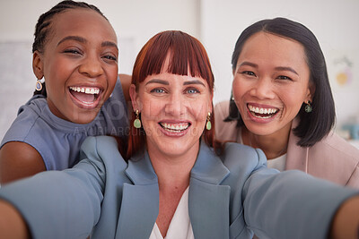 Buy stock photo Work, selfie and women in office happy, smile and excited about collaboration, partnership and success. Diversity, face and portrait of business friends smile for photo after meeting at their company