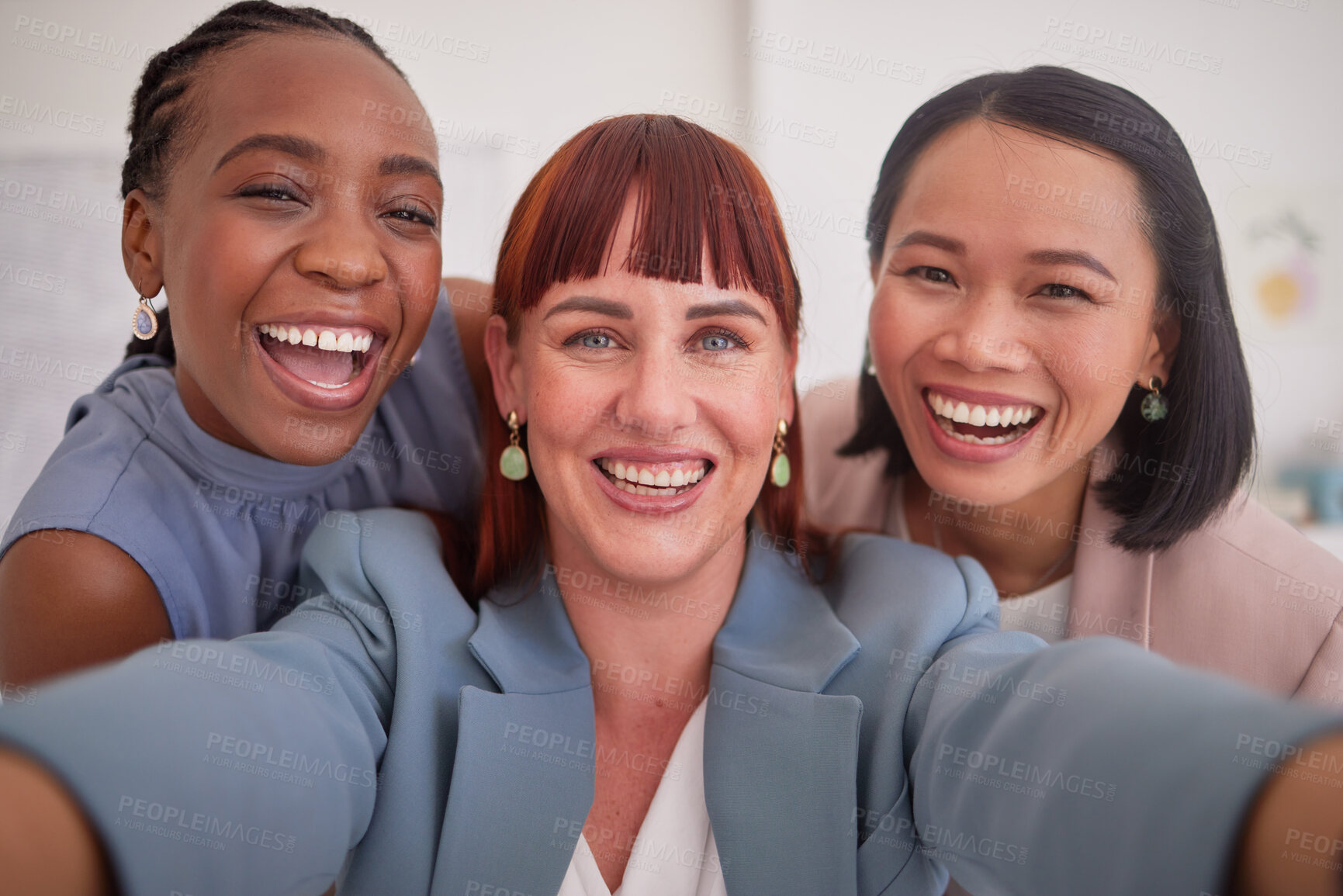 Buy stock photo Work, selfie and women in office happy, smile and excited about collaboration, partnership and success. Diversity, face and portrait of business friends smile for photo after meeting at their company