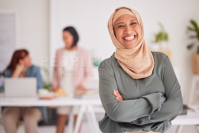 Buy stock photo Leadership, business and portrait of Muslim woman in office, crossed arms for success in business meeting. Teamwork, diversity and Islamic employee work with team on strategy, planning and project