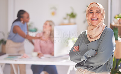 Buy stock photo Hijab, senior business manager and woman portrait of a muslim ceo happy about office teamwork. Proud web marketing leader with working women team smile about startup success and leadership growth