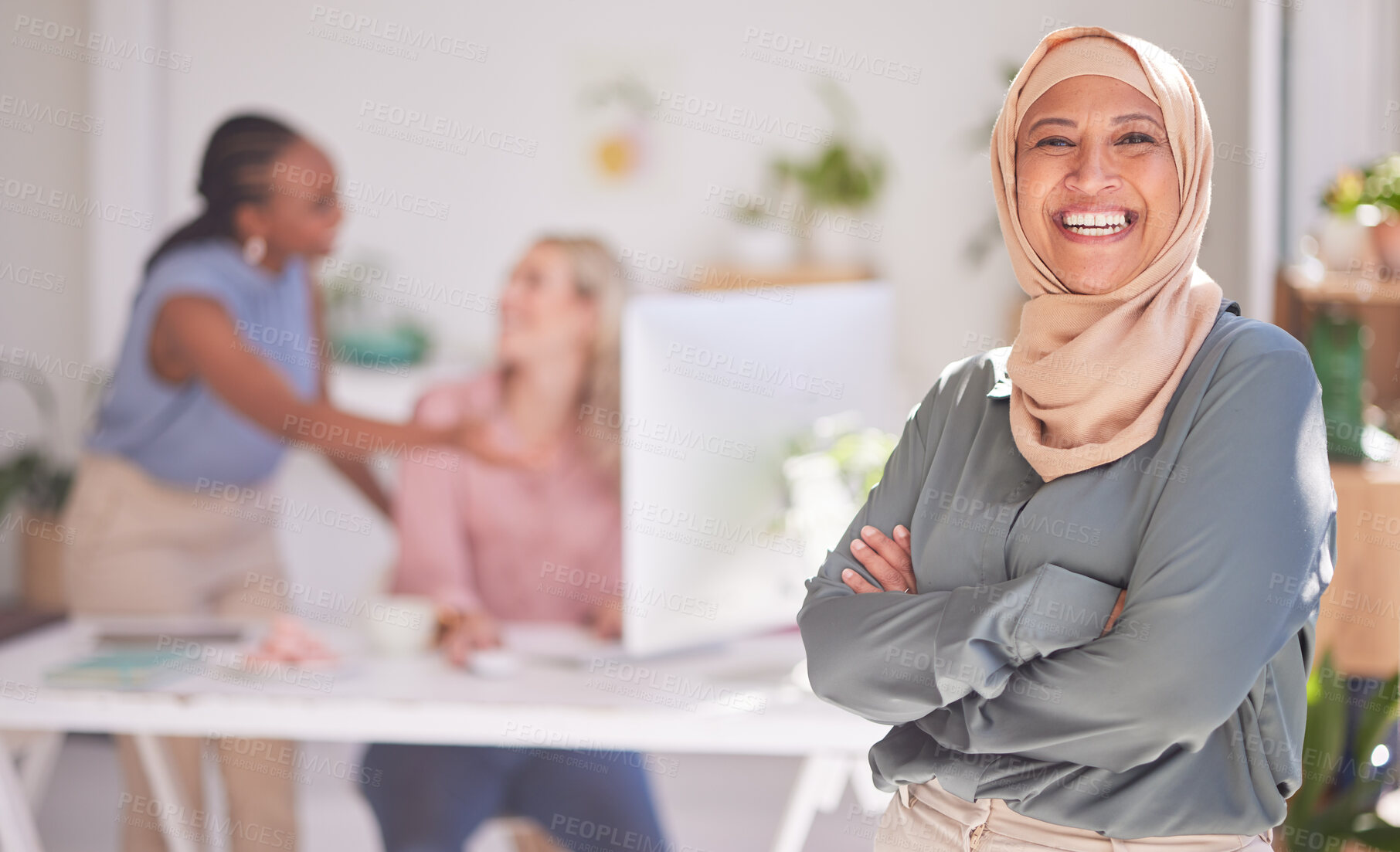 Buy stock photo Hijab, senior business manager and woman portrait of a muslim ceo happy about office teamwork. Proud web marketing leader with working women team smile about startup success and leadership growth