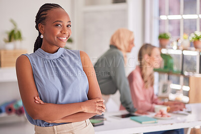 Buy stock photo Black woman, business portrait and arms crossed in startup company, marketing agency and office for goals, vision and motivation. Happy entrepreneur, professional employee and worker in modern office