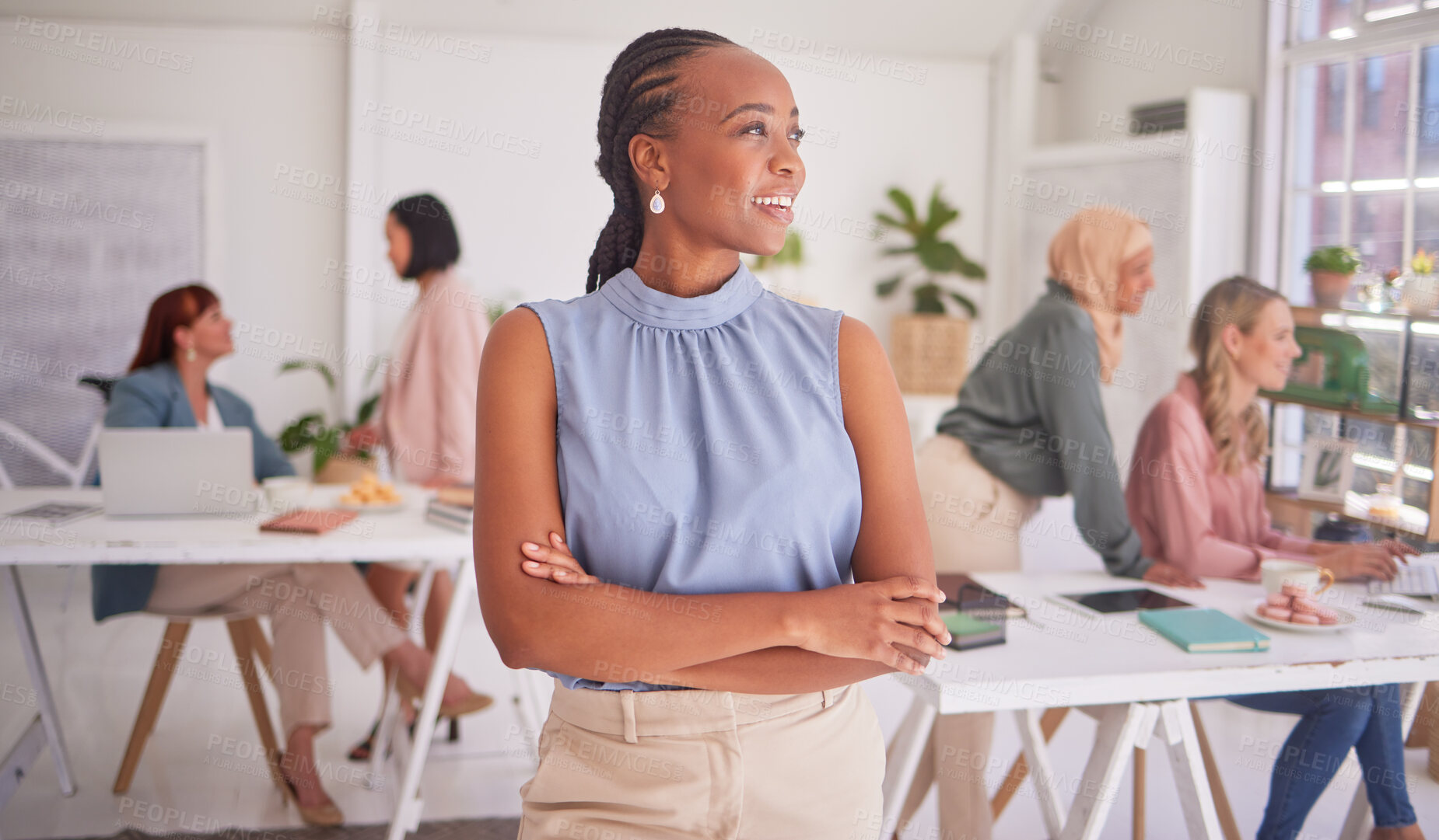 Buy stock photo Black woman, startup and thinking with smile, vision and idea for future, small business or dream. Business owner, entrepreneur and woman in digital marketing with team, office and success in work