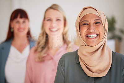 Buy stock photo Portrait, diversity and women with smile, leadership and confident together, happy and relax. Business females, ladies and multiracial teamwork, happiness or support for commitment, growth and joy.
