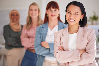 Buy stock photo Success, leadership and group of business women standing in line for empowerment. Diversity, support and portrait of female workers in office for teamwork, collaboration and community in workplace